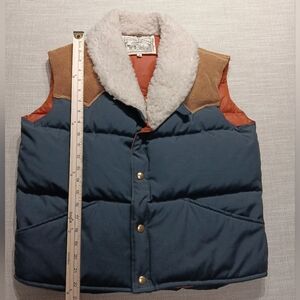 VTG William Barry Down vest, M, Navy Orange w/ Tan Leather, Excellent condition